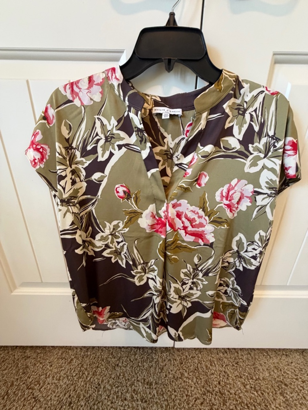 Maison Jules Olive Floral Split-V Neck Blouse with Pink Blooms